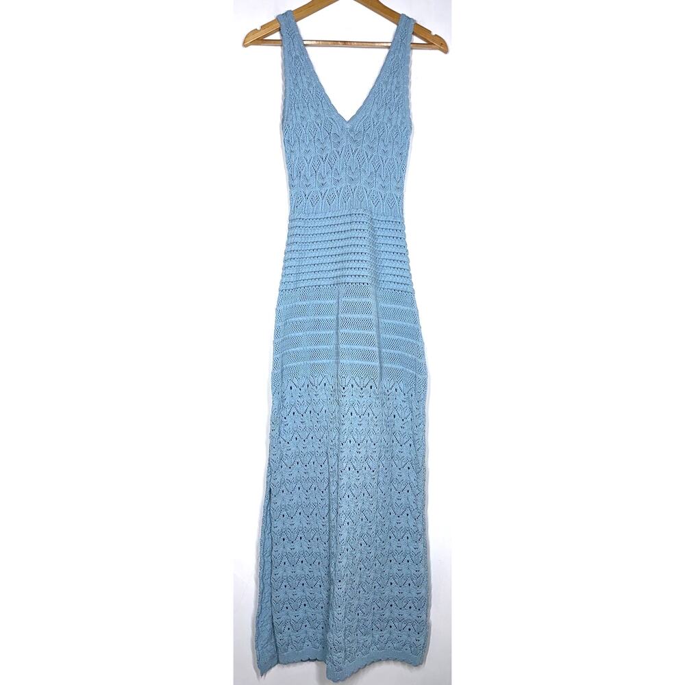 Ronny Kobo Crochet Knit Tank Dress Sleeveless V-Neck Maxi Column Blue Medium - Picture 4 of 13